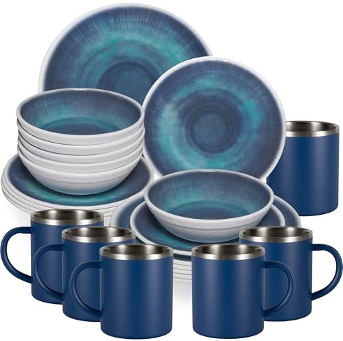 Jesolo Set de vaisselle en mélamine Bleu – Avec tasses thermiques en acier inoxydable aspect faïence Passe au lave-vaisselle Vaisselle de camping Camping Camping Festival Pique-nique