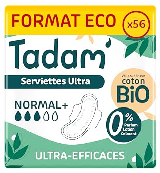 TADAM’ - Serviettes Hygiéniques Dermo-Sensitives - Protections Hygiéniques Femme Ultra Fines avec Ailettes - Flux Normal - Extra Absorbantes - A base de Coton Bio - Confort Jour et Nuit