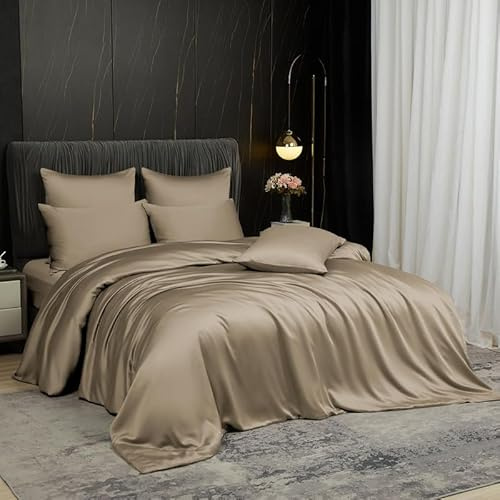 Gezu Bambou Housse de Couette 220x240 Brun Kaki Parure de lit 220x240 Adulte 2 Personnes Cool Tencel Lyocell Linge de lit Soie Lisse Soyeux Brillant avec 2 Taie d'oreiller 65x65 et Fermeture Éclair