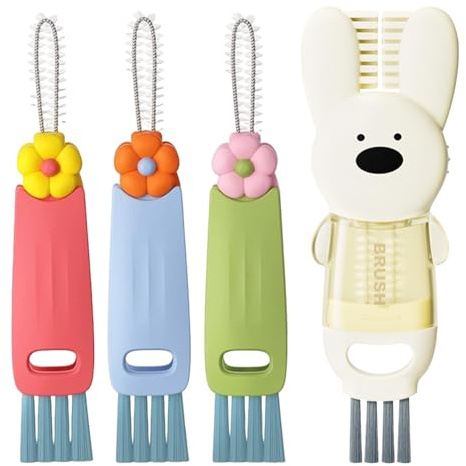 HONRIGO 3-in-1 Cup Lid Gap Cleaning Brush Set – 4 PCS Multifunctional Water Bottle & Crevice Cleaning Brush for Tight Spaces, Home Kitchen Use (3 Petal-Shaped + 1 Rabbit-Shaped U-Brush)