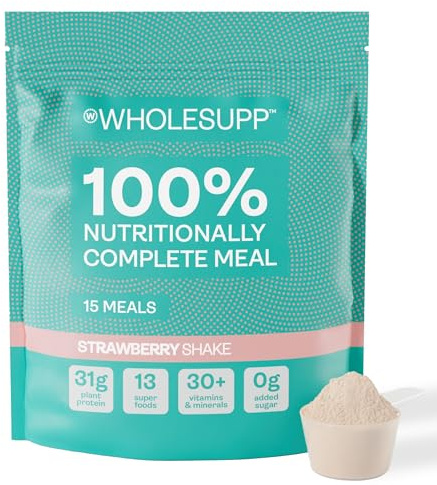 Whole Supp Vegan Meal Replacement Shake Strawberry – 31g Plant Protein, 1.5kg (15 Meals) – Complete Meal Replacement Powder with 30+ Vitamins, 13 Superfoods, High Fibre & Gluten-Free