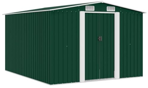 Mokuyary Casetta per attrezzi da giardino, 257 x 298 x 178 cm, in metallo, verde, con tetto spiovente, capanno con porta scorrevole, capanno per esterni, giardino