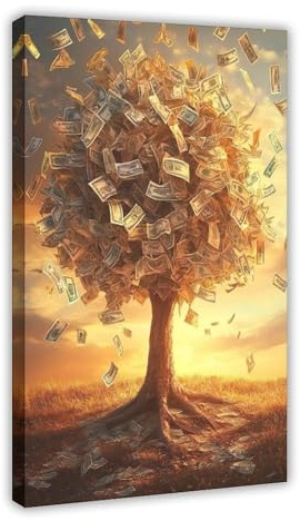 Leinwandposter Surrealer Geldbaum, Wandkunst, Dekordruck, Bild Gemälde für Wohnzimmer, Schlafzimmer, Dekoration, 20 x 30 cm