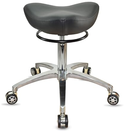 VAKON SALON Sattelhocker Rollhocker – ergonomischer Arbeitshocker mit Butterfly Sitz – höhenverstellbar 50–65 cm – Friseurhocker Kosmetikhocker Praxishocker – Standardrollen – Schwarz