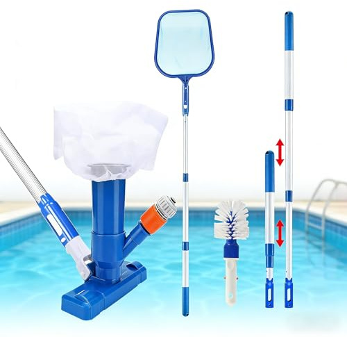 Juego de aspiradora de suelo para piscina, aspiradora portátil Jet Vacuum Head Pool con barra telescópica, juego de limpieza de piscina con cepillo de fregado y red de skimmer para limpieza de