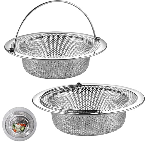 2 PCS Kitchen Sink Strainer, Sink Plug Strainer, Stainless Steel Sink Strainer with Handle, for Protecting Shower and Sink Drains(Silver)