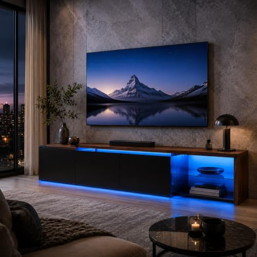 Mueble de TV LED con 3 cajones, mueble extensible para TV moderno con cajones, armario de TV con almacenamiento abierto, marco de madera, mesa de TV para salón dormitorio (negro-2, 200x39x42)