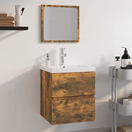 Foknhdi Räuchereiche Badmöbel-Set 41×38,5×45 cm, Holz-Unterschrank, wandmontierbar, mit weißer Keramik-Spüle, Minimaldesign