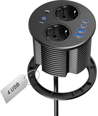 Infälld Eluttag Rund med 2 Schuko-Uttag och 4 USB-Portar, 2 x USB-C PD 20W, Bordsuttag med Strömbrytare för Skrivbord, Kontor och Kök, 1,8 m Kabel, Svart