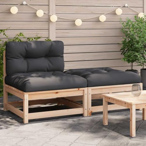 zylophax Gartensofa ohne Armlehnen aus massivem Kiefernholz mit Kissen und Hocker, wetterfestes Outdoor Sofaelement modular erweiterbar für Terrasse Balkon Veranda, Komfortables Loungesofa