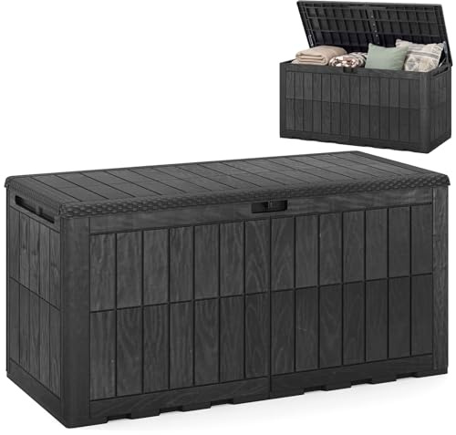 COSTWAY Garden Storage Box, Waterproof Resin Deck Box Bench with Lockable Lid & Handles, Grooved Texture Outdoor Patio Storage Container for Cushion Tool Toy (Black,455L)