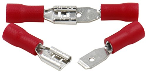 Heschen Mâle/Femelle Déconnexions Rapides Isolation Vinyle, FDD+MDD1.25-187, Borne de Câble 4,8 x 0,5 mm, pour 0,5-1,5 mm² (22-16 AWG), Rouge, Paquet de 100
