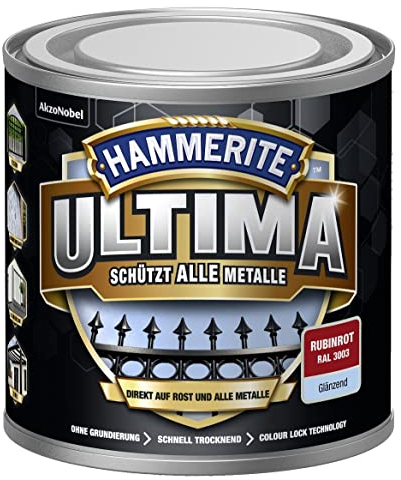 Hammerite Ultima Glänzend, Metallschutzlack, Hochwertiger Schutzlack für alle Metalle im Außenbereich, Rubinrot RAL3003, 250 ml