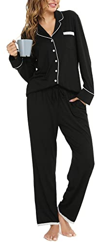 Vlazom Pyjamas Set for Women, Soft Two Pieces Pjs Sets Long Sleeve Button Down Tops and Pants Sleepwear Loungewear with Pockets,Black,XXL
