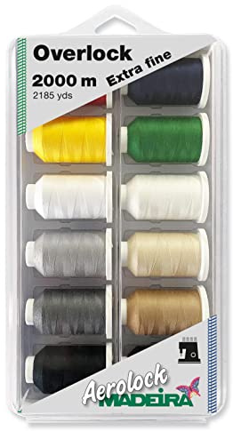 Madeira Aerolock n.180 – Box 12 Coni x 2000 m – Filo Overlock Extra Fine Colori Assortiti (Art. 8091) – 100% Poliestere Core-Spun per Tagliacuci/Overlock & Cover – OEKO-TEX.