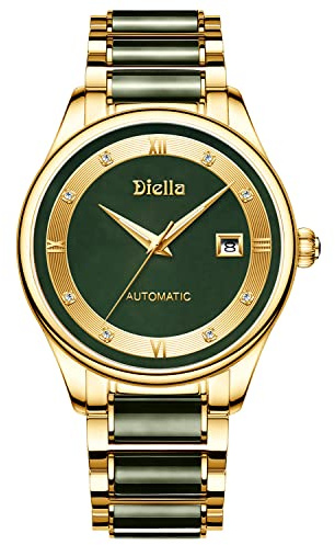 Diella Herren Uhren Datumsanzeige Wasserdicht, Selbstwindender, Gold Edelstahl und Schwarz Grün Jade Armband Uhren Geschenke für Männer