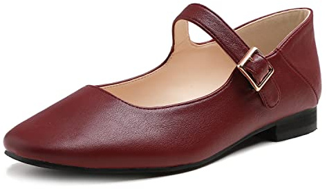 Feversole Women's Square Toe Mary Jane Fashion，Punta Quadrata Easy Buckle Tacco Basso Slip On Flats in Pelle Borgogna Taglie 37 EU