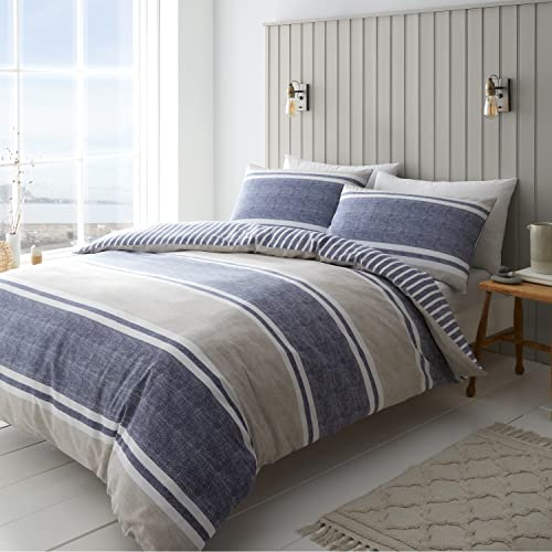 Catherine Lansfield Textured Banded Stripe Reversible King Duvet Cover Set with Pillowcases Blue