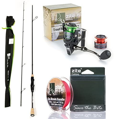 Zite Fishing UL Rute Forellen-Angeln 3-6g | 210cm Trout Spoon Forellen-Rute Spinnrute Carbon | Ultralight Rute mit hochwertigem Korkgriff (Rute mit Rolle und 2X Schnur)