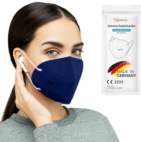 TubeRoo FFP2 Maske blau duneklblau marine 10 Stück Masken aus Deutschland, Made in Germany, weiche runde Ohrschlaufen Bänder, Atemschutzmaske, Mundschutz