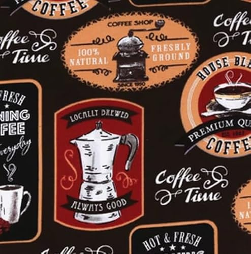 Fat Quarter - Coffee Theme ~ 18 inch x 20 inch - 100% Cotton Fabric ~ Sayings: Morning Coffee, Coffee Time, Fresh Ground