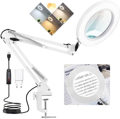 Kevsuvqin Lampe Loupe, Lampe de Bureau avec Loupe 10X et LED, LOupe Eclairante avec Pince en Métal et Bras Pivotant Réglable, 3 Modes de Couleur,10 Niveaux de Luminosité pour Artisanat, Réparation