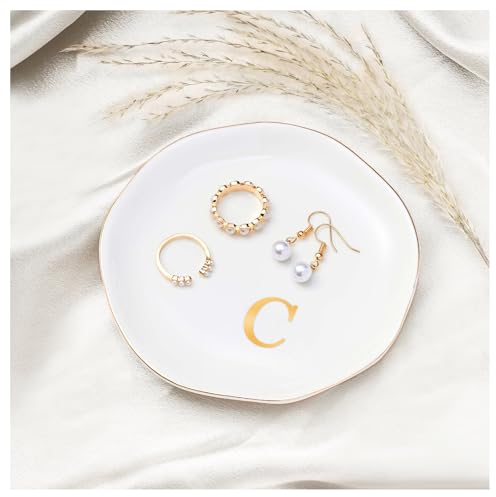 ProCase Keramik Schmucktablett Schmuckschale, Ringschale Schmuckteller mit Gold Initialen für Ohrringe Halsketten Schlüsselablage,Auffangschale, Nachttisch-Dekoration für Diele Tisch Raumdekoration -C