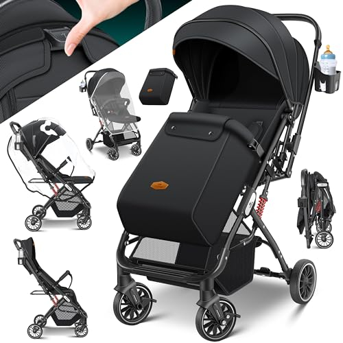 KIDIZ® Passeggino pieghevole reclinabile, Passeggino sportivo, Ruote a 360° Imbracatura a 5 punti, Incl. pedana, portabibite, parapioggia e zanzariera Schienale regolabile e capottina parasole