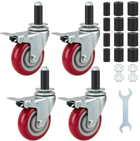 Finnhomy 4 Inch Prep Table Caster Wheels Set of 4 Heavy duty Expanding Stem Casters Fit 7/8, 1, 1-1/2 and 1-5/8 Tube Leg with Brake for Stainless Steel Furniture Legs, Worktable, Kitchen Workbench