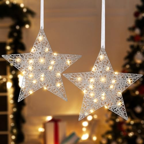 Lewondr 2 Stück Hängender Stern Weihnachten Mit 6H Timer, Silber | 20 cm beleuchteter Sternanhänger, batteriebetriebene Eisendraht-LED-Deko für Weihnachten
