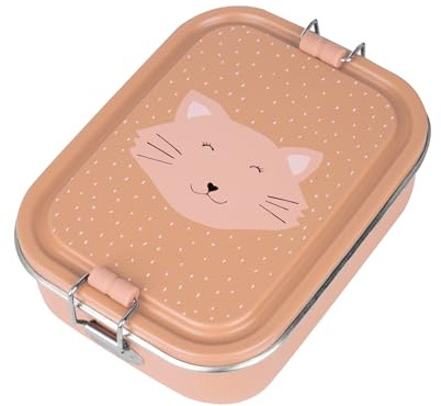 Trixie - Lonchera de acero inoxidable para niños - Mrs. Cat - Fácil de abrir y cerrar - Diseño divertido de animales - Perfecto para aperitivos y almuerzos - Rosa