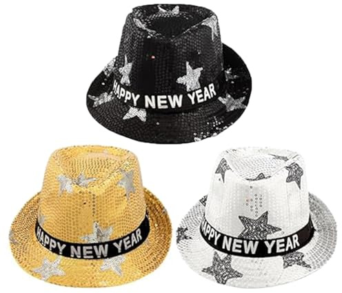 Suministros para fiestas de Año Nuevo, paquete de 3 sombreros Fedora de Año Nuevo, sombrero de lentejuelas brillantes, dorado, plateado, negro, sombrero de feliz año nuevo para hombres y mujeres,
