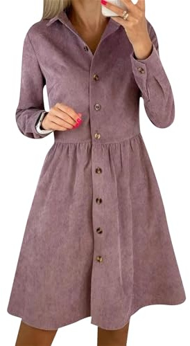 YMING Femmes Automne À Manches Longues Robe Couleur Unie Quotidien en Velours Côtelé Robe Chemise À Boutonnage Unique Robe Violet XL