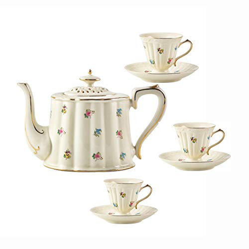 ZXXDSMYF Teeservice für Erwachsene, Kaffeetassen und Untertassen aus Porzellan, Teekannen-Set aus Knochenporzellan, Old Country Roses-Teekanne, 7-teilig