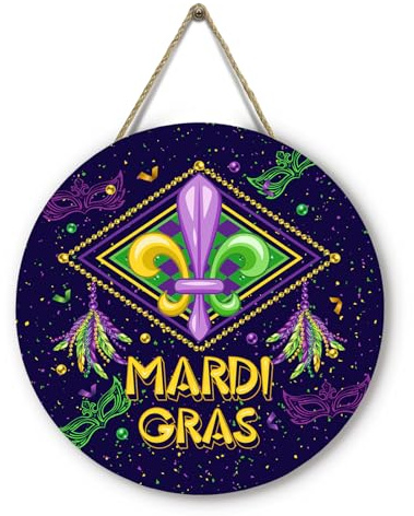 Dacawin Mardi Gras - Appendiabiti per porta di ingresso, motivo Fleur De Lis, con maschera viola, per carnevale, portico, decorazione per feste in casa, 30,5 x 30,5 cm
