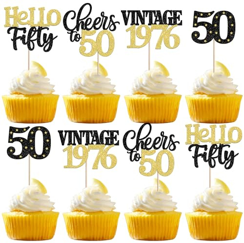 Xsstarmi 24 Pack 50th Birthday Cupcake Toppers Black Gold Glitter 50 Hello Fifty Vintage 1976 Cupcake Picks Cheers to 50 Cake Decorations for 50 Fabulous Happy 50th Birrthday Party Supplies