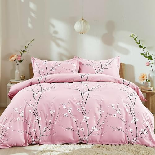 Freyamy Bettwäsche 135x200 Blumen Rosa Floral Zweige Bettwäsche-Sets Mädchen Aesthetic Kinderbettwäsche Microfaser ÖKO-TEX Deckenbezug 1 Bettbezug mit Reißverschluss und 1 Kissenbezug 80x80cm