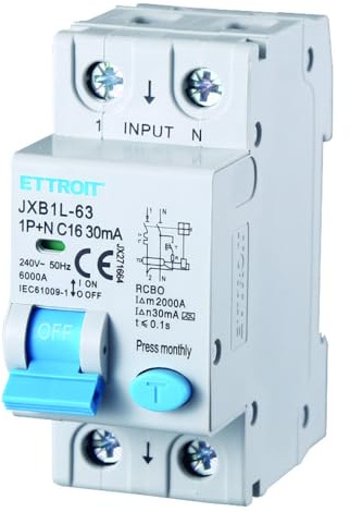 Interruttore magnetotermico differenziale salvavita, 1P+N, occupa 2 moduli DIN, 220V 230V, 16A C16, 30mA, 6KA 6000A, RCBO, classe A