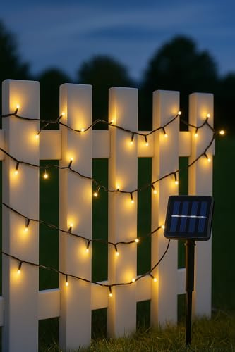 Ambients Solar Lichterkette Außen 5 m, 100 LEDs warmweiß, austauschbarer 600 mAh Akku, bis 8 Std Leuchtdauer, Solarpanel mit Erdspieß, wetterfest für Garten, Balkon, Terrasse