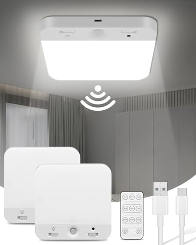 2 confezioni da soffitto a LED con sensore di movimento - Lampada da soffitto ricaricabile 6000 mAh, installazione magnetica, 3 temperature di colore, intensità regolabile, USB, senza fili - con