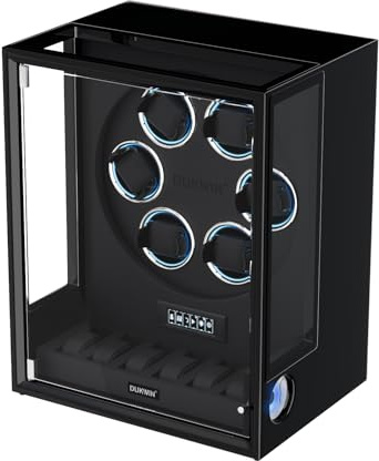 DUKWIN Automatischer Uhrenbeweger für 6/9 Uhren mit Fingerabdruck Unlcok RGB Licht Uhrenbeweger mit 6 zusätzlichen Speicherplatz, LCD-Touchscreen-Steuerung, ultra-leise japanische Motoren, 6 Uhren