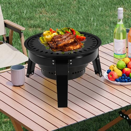 Tragbarer Klappgrill Kugelgrill Klein Tischgrill Holzkohle aus Kohlenstoffstahl, Outdoor Camping und BBQ Mini Grill mit Grillnetz & koreanischer Grillpfanne