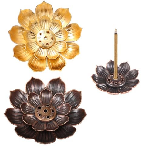 Porta Incenso Loto 2 Pezzi, 6 Fori Bruciatore Incenso in Metallo Porta Incenso per Bastoncini con Raccoglitore Cenere