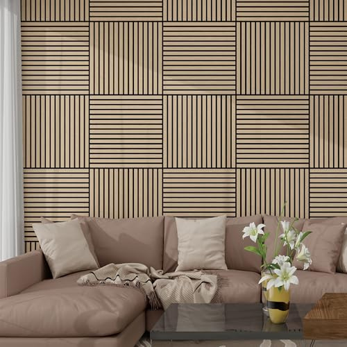 NEU.HOLZ Set di 12 Pannelli Murali 3D Fonoassorbenti 60x60 cm a Listelli Dritti per Pareti Soffitti Moduli Decorativi Copertura 4,32 m² - Effetto Noce Chiaro