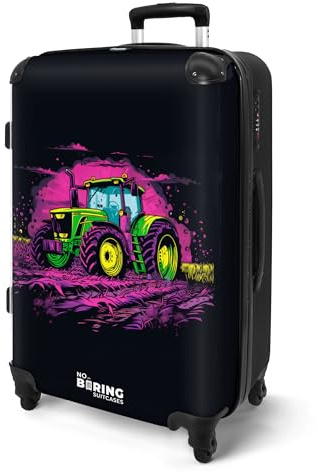 NoBoringSuitcases© Koffer Kinder Groß Reisekoffer Kinderkoffer mit 4 Rollen | 67x43x25 cm - Leicht Trolley Große M Hartschalenkoffer Flugzeug Traktor - Neon - Landwirtschaft