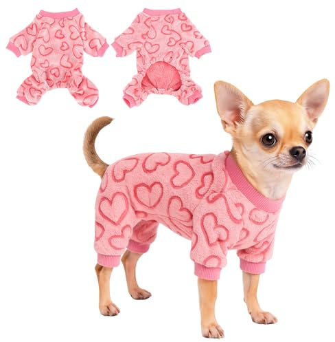 Yoolhamy Hunde Schlafanzug Fleece Hundepyjama Herz Einteiler Pyjama Pullover Valentinstag Strampler Klein Hundeoverall Schlafanzug für Welpen, Chihuahua, Yorkie (XS)