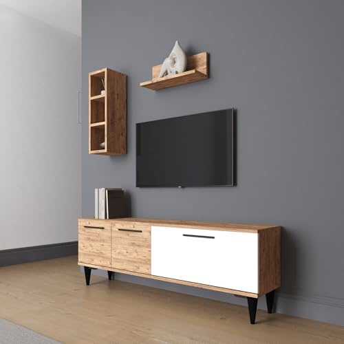 Smart Home Art Wohnwand 3-teilig – TV-Lowboard Set 140 cm mit Haengeschrank & Wandregal, Atlantik-Kiefer/Weiss, Fuer Fernseher bis 55 Zoll