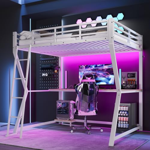 Huayz Hochbett Metallbett 140x200, Kinderbett Etagenbett mit LED-Licht USB Ladestation Schreibtisch&Computerkonsolenregal, Jugendbett Einzelbett Bettgestell mit Rausfallschutz&Leiter, Ohne Matratze