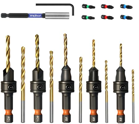 WojBear Countersink Drill Bit Set, 19 PCS Counter Sink Drill Bits for Woodworking, #4 6 8 10 12, Magnetic Extension bit Holder with 6 PCS Common Impact Bits