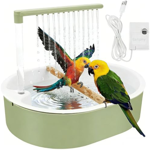 Gatphy Fågelbad, 32 x 26 cm, för parakiter, polypropylen, grön, fräsch stil, automatisk cirkulation av regnvatten, fågeldusch, med 26 vattenuttag för